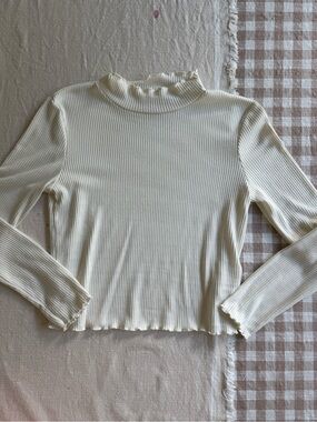 Ribbed Mock Ruffle Long Sleeve Top - Cream